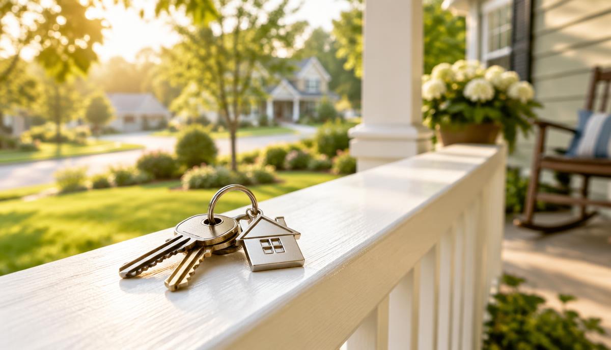 House keys with a house-shaped keychain resting on a front porch railing